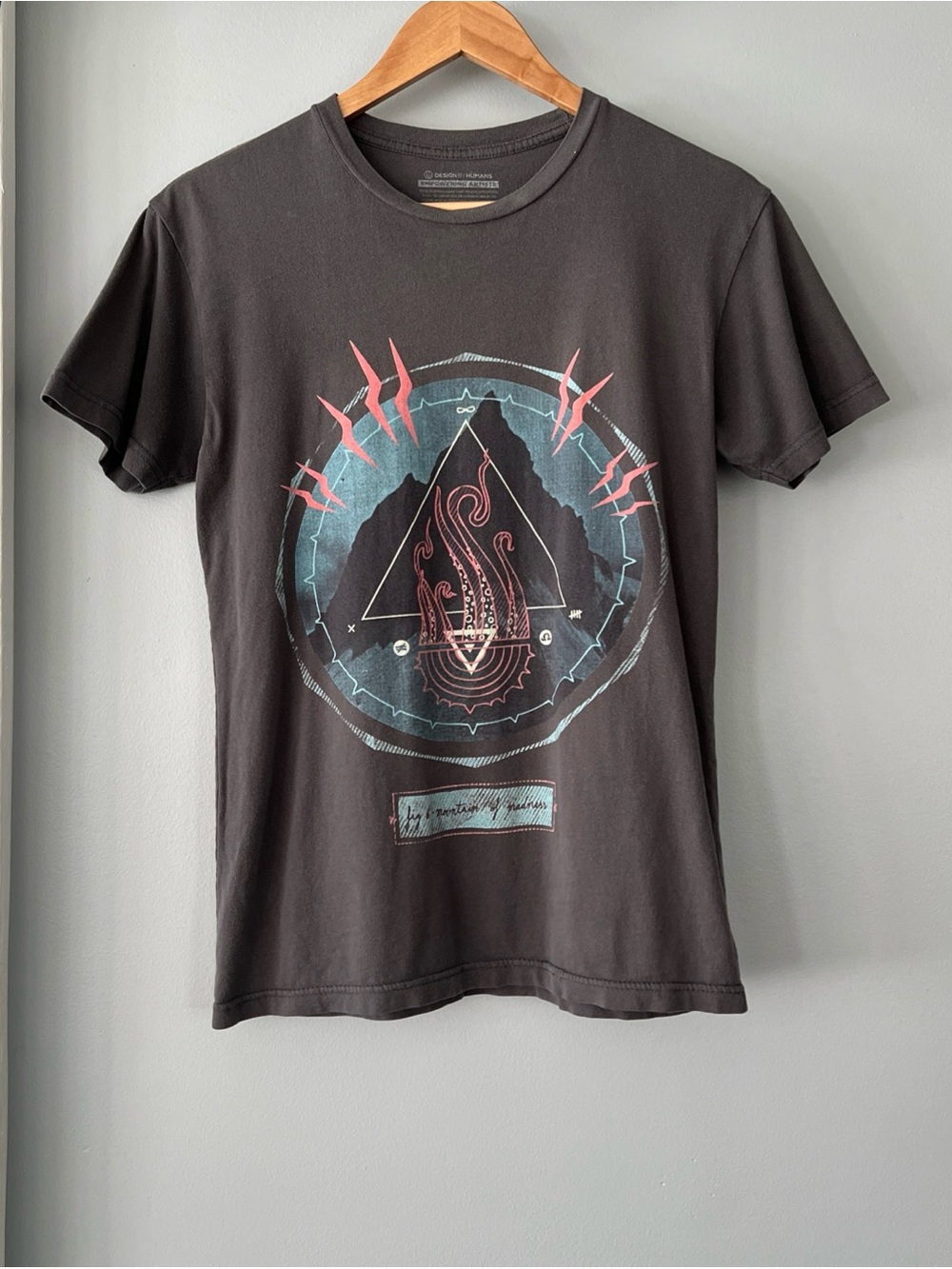 Design By Humans Art Mountain of Madness Print Logo Gray Cotton T-Shirt